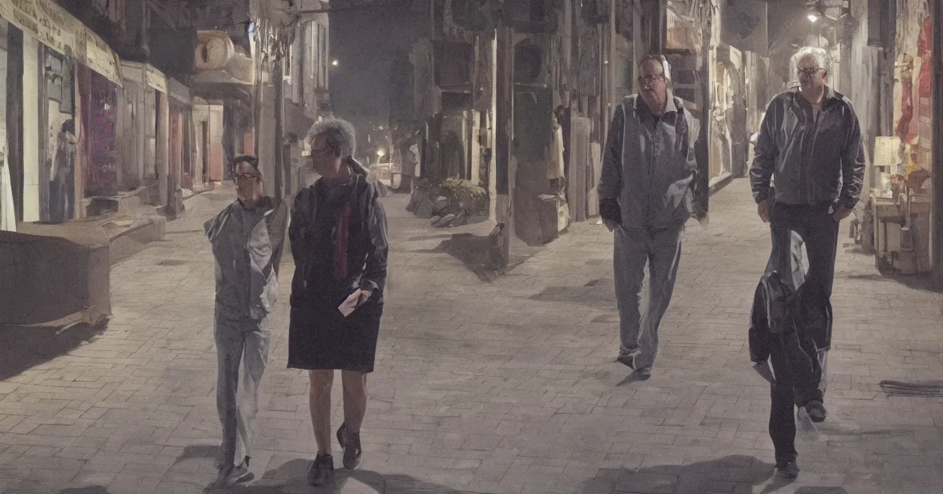 Prompt: todd solondz, high quality high detail image of todd solondz walking with a friend in an empty tel aviv street, clear sharp face of todd solondz, night, by lucian freud and gregory crewdson and francis bacon, hd, photorealistic lighting