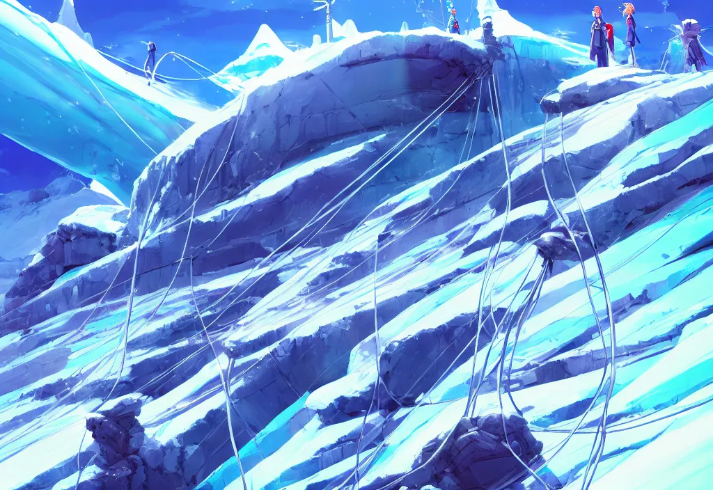 Image similar to futuristic electric pole and chunky wires on a glacier, ice, rocks, snowfall, intricate oil painting, high detail illustration, sharp high detail, manga and anime 1 9 9 9, official fanart behance hd artstation by jesper ejsing and makoto shinkai, 4 k,