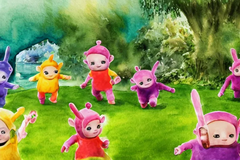 Prompt: watercolor drawing of teletubbies playing in a beautiful garden, by the lake. flowers, sunny day, happiness. subsurface scattering shiny skin. beautiful lighting, 4 k post - processing, trending in art station, cg society, highly detailed, 5 k extremely detailed, 3 d. cinematic scene. sharp image