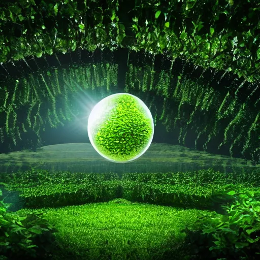 Prompt: professional photo of the magical element of green earth, flora, vines, glass perfectly round sphere hovering in the air, arcane magic, ultra detailed, dramatic lighting, caustics