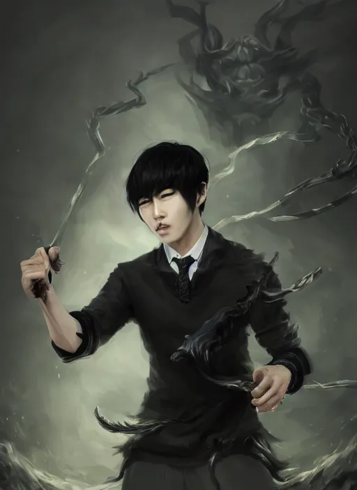 Prompt: a highly detailed illustration of attractive korean man with bowl cut black hair wearing shirt and tie with giant black mist claws, wielding giant black mist claws pose, tired expression, foggy black mist surrounding background, intricate, elegant, highly detailed, centered, digital painting, artstation, concept art, smooth, sharp focus, league of legends concept art, wlop.