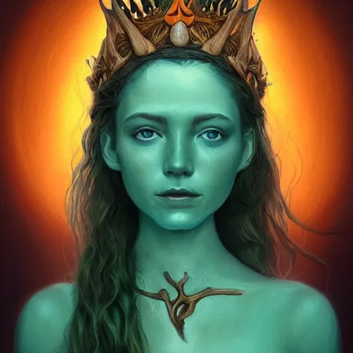 Prompt: A beautiful digital painting of freya allen, teal skin, antler crown made from wood on her head and brown curly hair with orange oak leaves, D&D, fantasy, intricate, beautiful green eyes, cinematic lighting, highly detailed, digital painting, Artstation, concept art, smooth, sharp focus, illustration, art by Artgerm and Greg Rutkowski and Alphonse Mucha