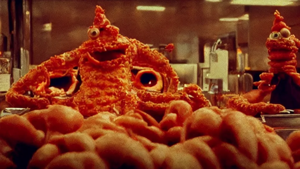 Image similar to the strange pizza creature at the fast food place, film still from the movie directed by denis villeneuve and david cronenberg with art direction by salvador dali and zdzisław beksinski, wide lens