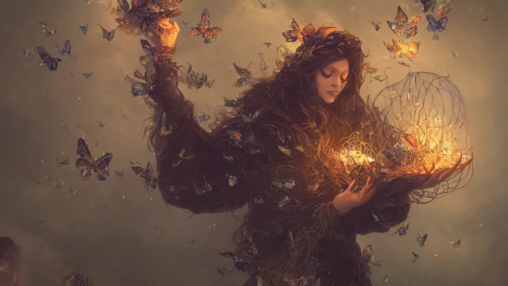 Prompt: fantasy wizard holding a cage, with a swarm of butterflies fluttering out, detailed award-winning digital 2d fantasy art, trending on ArtStation