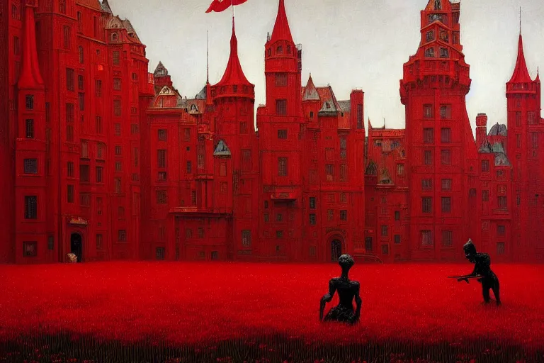 Image similar to only with red, red flowers of different types, red castle in background, red medieval goblins, in the style of beksinski, parts by edward hopper, parts by rodcenko, parts by yue minjun, intricate and epic composition, red by caravaggio, insanely quality, highly detailed, masterpiece, red light, artstation, 4 k