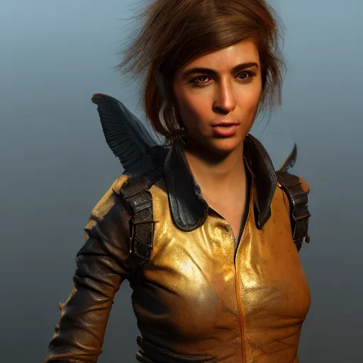 Image similar to beautiful young harpy, leather top, full round face, short smile, golden hour, post apocalyptic setting, medium shot, mid-shot, highly detailed, trending on Artstation, Unreal Engine 4k