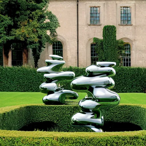 Image similar to giant Italian modern castle formal garden with a modern stainless steel organic shaped modern sculptures with mirror finish by Tony Cragg, photo by Annie Leibovitz