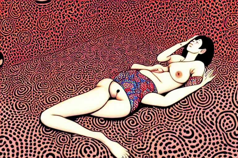 Prompt: realistic detailed image of a woman laying down in a padded room, conjuring psychedelic background, part by takato yamamoto, part by yayoi kusama, part by alex gray, ross tran, james jean, ultra realistic, highly detailed, 8 k, trending on artstation, very cohesive, masterpiece