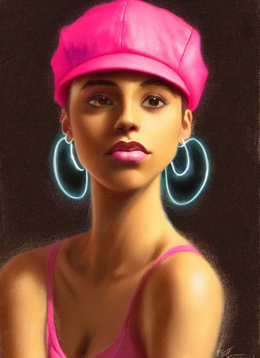 Prompt: portrait of teenage vanessa morgan with bright pink hair, black girl, vanessa morgan, curly pixie cut hair, wearing newsboy cap, newsboy cap, hoop earrings, intricate, elegant, glowing lights, highly detailed, digital painting, artstation, concept art, smooth, sharp focus, illustration, art by wlop, mars ravelo and greg rutkowski