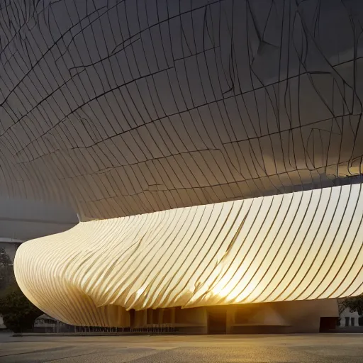 Image similar to extremely detailed stunning sophisticated beautiful elegant futuristic museum exterior by zaha hadid, stunning volumetric light, bright colors, translucent material, beautiful sunset