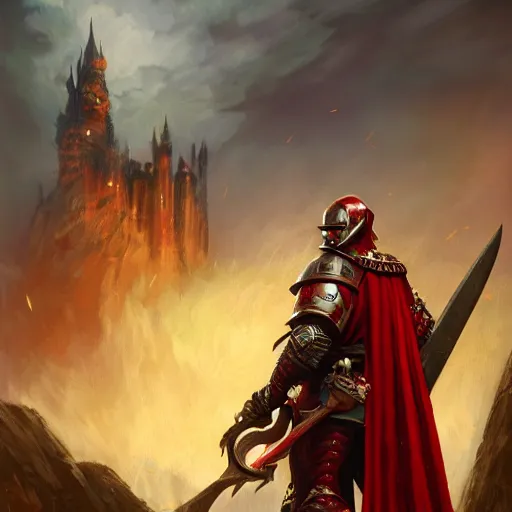 Image similar to A noble red dragonborn paladin with a halberd heroically posing in front of a castle, fantasy, medieval, cinematic, serious expression, 8k, trending on artstation, Bayard Wu, Rudy Siswanto, Sam Santala, In the style of Clint Cearley