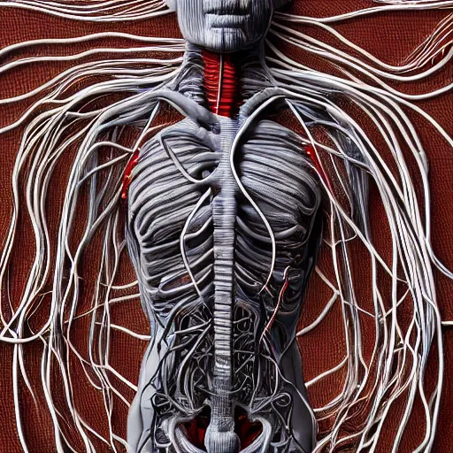 Image similar to man made of internal organs and arteries and veins and cables, extreme detailed intricate render, 8k artistic photography