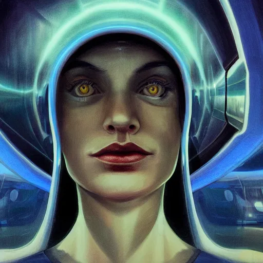 Image similar to detailed face of a woman, clockwork, moment, tectonic sky, skydome, bullet train, turbines, utopian, tech noir, wet reflections, prism, atmospheric, ambient, pj crook, syd mead, livia prima, greg rutkowski, edward hopper