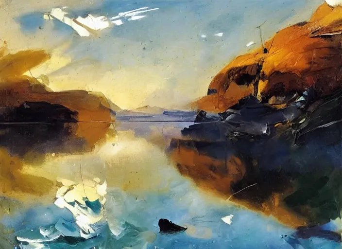 Image similar to palette knife, impasto oil painting of silent calm lake shore by hans hofmann, thick paint brush strokes, art by anders zorn, wonderful masterpiece by greg rutkowski, beautiful cinematic light, american romanticism by greg manchess, creation by tyler edlin