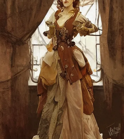Image similar to woman model, steampunk clothes, neutral colors, in a bedroom!!!!!!!!!!!!!!!!!!!!, elegant, highly detailed, digital painting, artstation, concept art, smooth, sharp focus, illustration, art by krenz cushart and artem demura and alphonse mucha