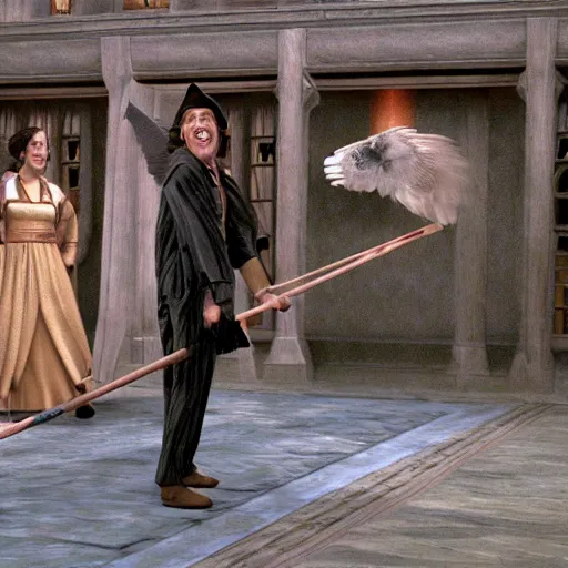 Image similar to movie still of chevy chase comically flying a broom in hogwarts, movie still, high resolution, highly detailed, realistic lighting, artstation