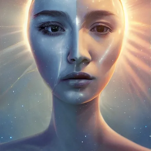 Prompt: sci - fi, close - up, 3 d, moon rays, night, fashion model face, cinematic, clouds, sun rays, vogue cover style, poster art, blue mood, realistic painting, intricate oil painting, high detail illustration, figurative art, multiple exposure, water, 3 d, by tooth wu and wlop and beeple and greg rutkowski
