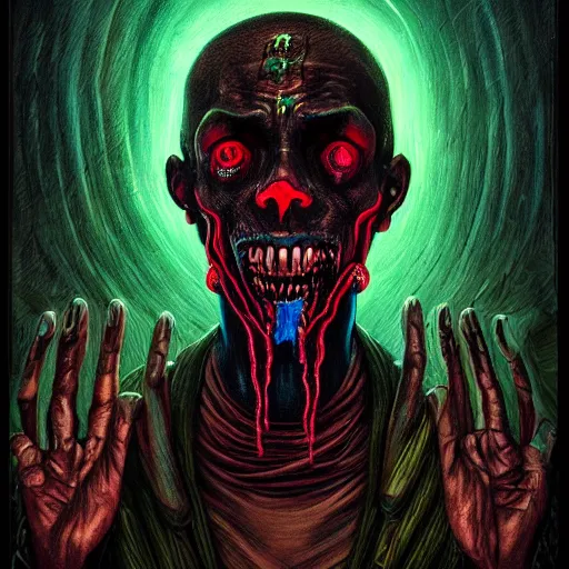 Image similar to a death tarot featuring a haitian voodoo priest with menacing eyes, blacklight neon colors, by anton semenov and android jones in cyberpunk voodoo style, oil on canvas, 8k