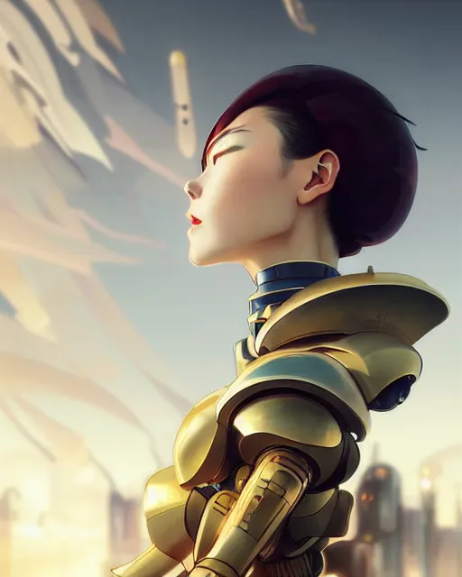 Image similar to beautiful delicate imaginative streamlined mecha anime elegant futuristic close up portrait of a pilot female sitting with elegant piercing deadly looks, armor with gold linings by ruan jia, tom bagshaw, alphonse mucha, futuristic buildings in the background, epic sky, vray render, artstation, deviantart, pinterest, 5 0 0 px models