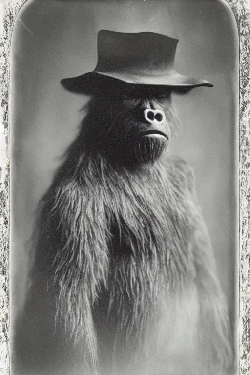 Image similar to a wet plate photograph of a Bigfoot trying on a hat