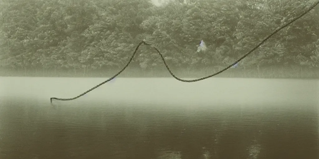 Prompt: symmetrical photograph of an infinitely long rope submerged on the surface of the water, the rope is snaking from the foreground towards the center of the lake, a dark lake on a cloudy day, trees in the background, moody scene, dreamy kodak color stock, anamorphic lens