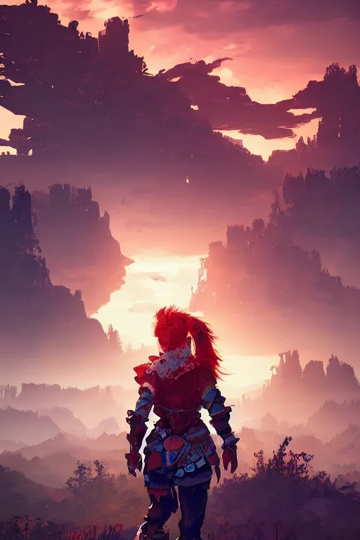 Image similar to combination suit armor aloy horizon forbidden west horizon zero dawn radiating a glowing aura global illumination ray tracing hdr fanart arstation by ian pesty and alena aenami artworks in 4 k tribal robot ninja mask helmet backpack