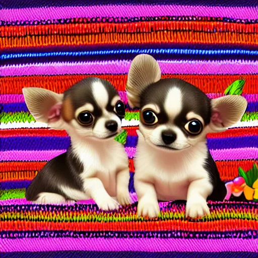 Prompt: small chihuahua puppies with beautiful and tropical clothes, digital art