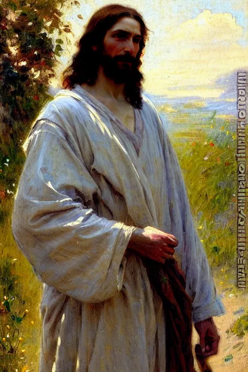 Prompt: impressionist brushstrokes!!!!!!!!! solomon joseph solomon and richard schmid and jeremy lipking victorian loose genre loose painting full length portrait painting of jesus with a slight smile