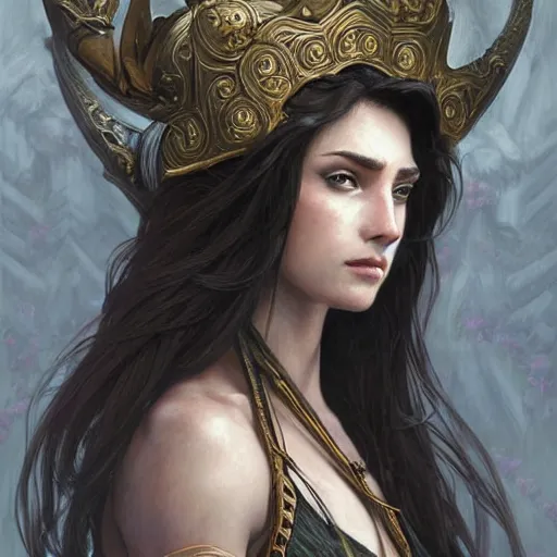 Image similar to Portrait of a gorgeous warrior woman, looking at camera, D&D, sword in hand, beautiful detailed armor, very long flowing hair, intricate, elegant, stylish, serious expression, extremely detailed, digital painting, artstation, concept art, smooth, sharp focus, illustration, stunning lighting, art by artgerm and greg rutkowski and alphonse mucha and simon stalenhag