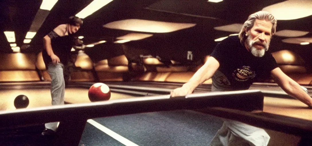 Image similar to Jeff Bridges The Dude throwing bowling balls down a bowling lane in Star Wars