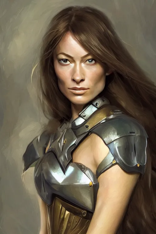 Image similar to a professional painting of a young Olivia Wilde, clothes in military armor, olive skin, long dark hair, beautiful bone structure, symmetrical facial features, intricate, elegant, digital painting, concept art, smooth, sharp focus, illustration, from StarCraft by Ruan Jia and Mandy Jurgens and Artgerm and William-Adolphe Bouguerea