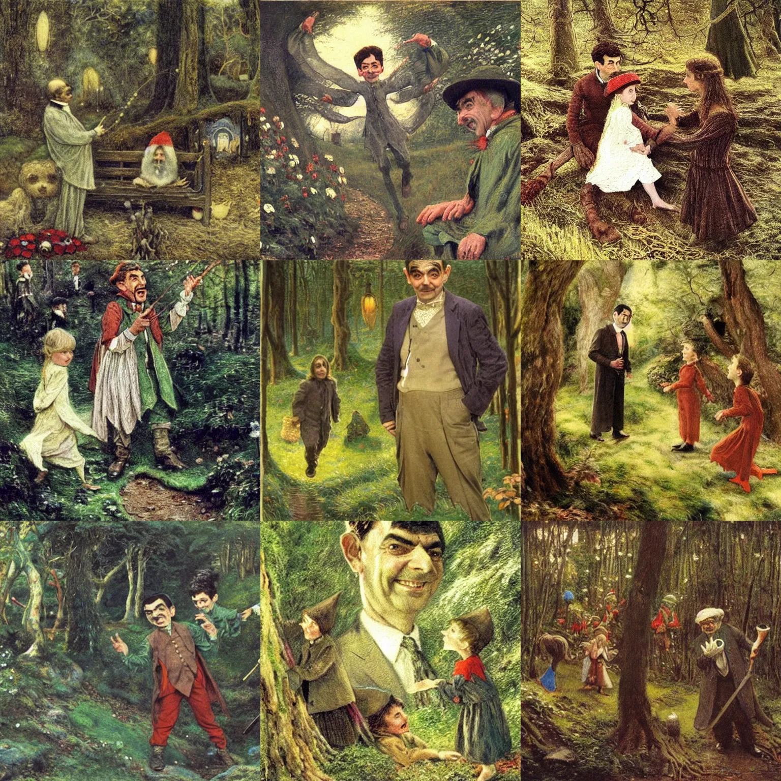 Prompt: painting still of mr. bean ( rowan atkinson!!!! ) and a few elves in ( ( ( henry meynell rheam's the fairy wood!!!! ) ) ) ( 1 9 0 3 )