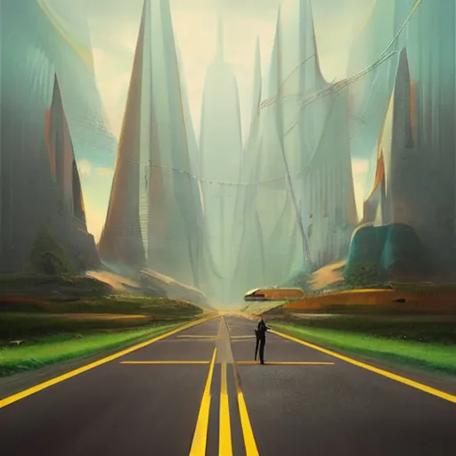 Image similar to a painting of a person standing on a road, concept art by chris labrooy, cgsociety, retrofuturism, sci - fi, concept art, futuristic