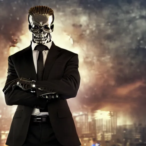 Image similar to A terminator with a half-bared skull in a business black suit crossed his arms, stands indoors, the background is blurred, focus in the foreground, realism, details,