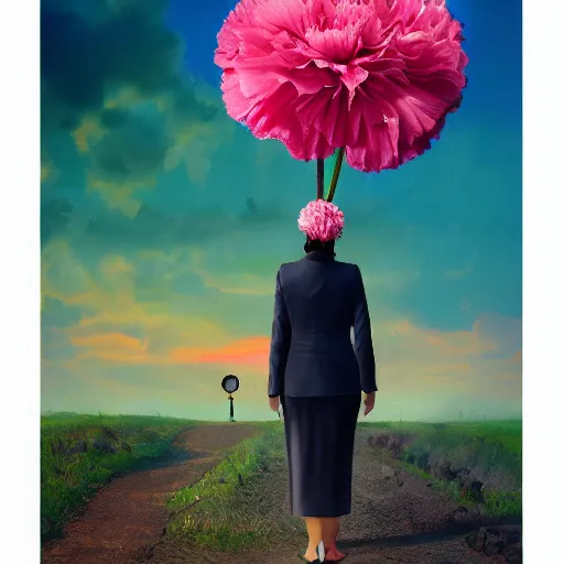 Image similar to giant carnation flower head, girl in a suit, on a path, surreal photography, sunrise, dramatic light, impressionist painting, digital painting, artstation, simon stalenhag