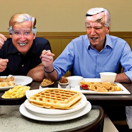 Image similar to photograph of trump and Biden sitting and eating breakfast at a Wafflehouse