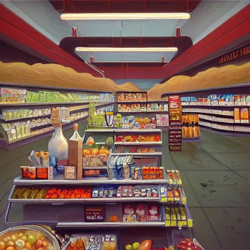 Image similar to a beautiful painting of a pristine and sterile supermarket grocery store, representative of the art style of artgerm and wlop and peter mohrbacher, portrait