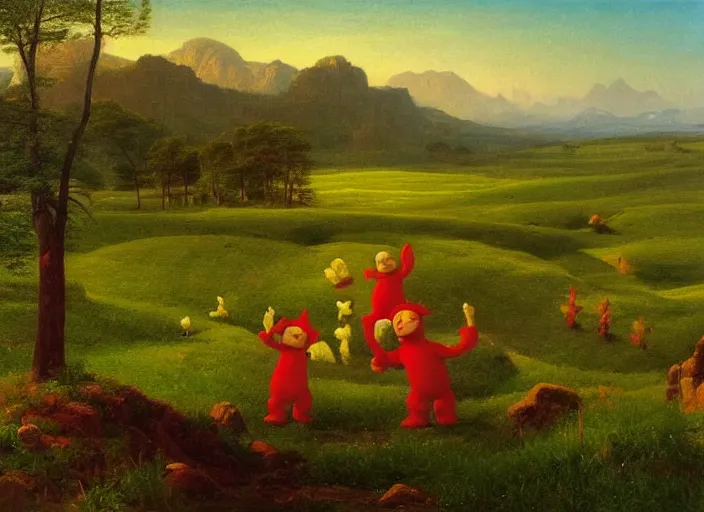 Image similar to american realist romanticism landscape painting of teletubbies in the style of hudson river school and thomas cole and albert bierstadt and robert duncanson