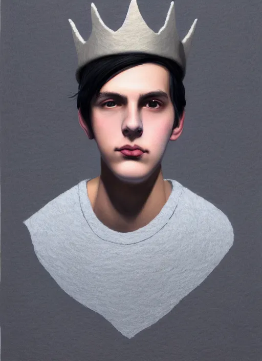 Image similar to portrait of teenage jughead jones wearing a light grey crown, photorealistic, crown made of felt fabric, crown, crown made of felt, black hair, intricate, elegant, highly detailed, digital painting, glowing lights, artstation, concept art, smooth, sharp focus, illustration, art by wlop, mars ravelo and greg rutkowski