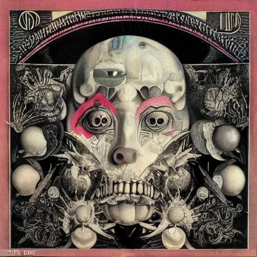 Image similar to post - punk new age album cover, asymmetrical design, dollar bank notes, capitalism, magic, apocalypse, psychedelic, black white pink, magic, giger h. r., giuseppe arcimboldo