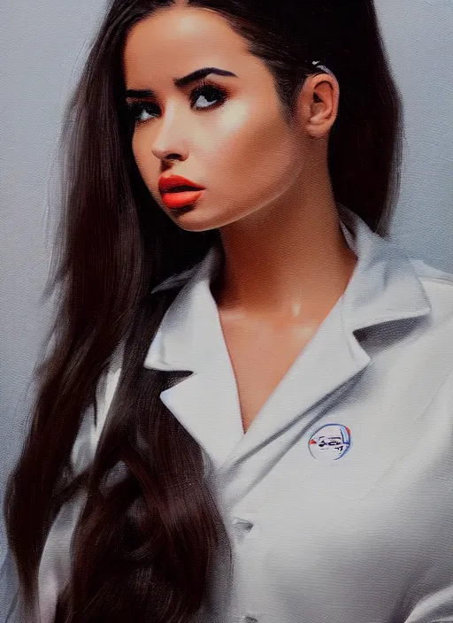 Image similar to demi rose wearing a labcoat in a biology lab, microscope on the table, expressive oil painting, matte art, trending on artstation, sunlit, octane render, brushstrokes, beautiful face portrait, beautiful lighting