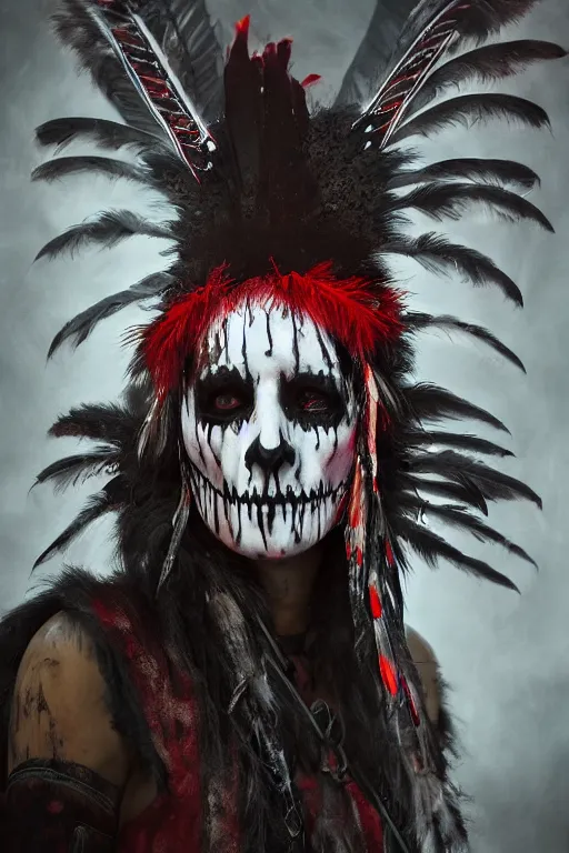Prompt: the ghost - spirit of the grim - warpaint wears the scarlet skull armor and native blood headdress feathers, midnight fog - mist!, dark oil painting colors, realism, cinematic lighting, various refining methods, micro macro autofocus, ultra definition, award winning photo
