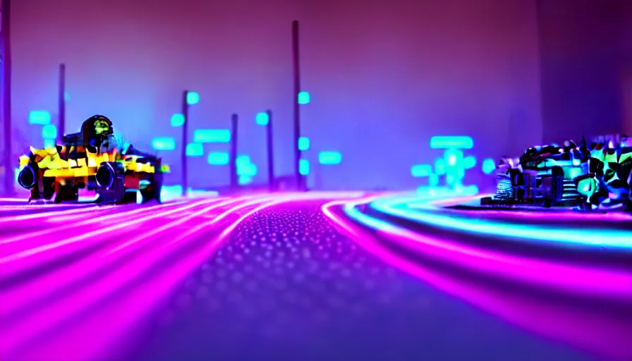 Image similar to luminescent lego car driving on a neon road into the distance with glowing cyberpunk signs leaving long glowing trails, dark magical forest, synthwave, octane render, purple fog, futuristic, sunset, purple rays, reflective mirror puddles, beautiful lighting, ultra realistic, highly detailed, 8 k