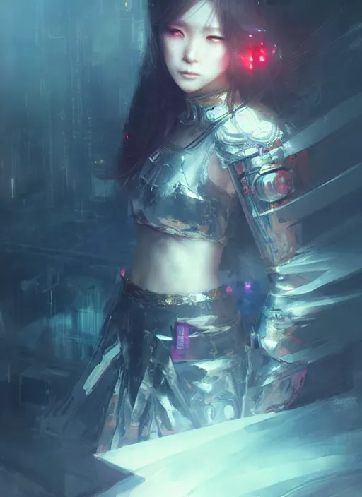 Image similar to a beautiful light haired asian princess, intricate concept art, cyberpunk darksynth, ethereal, ominous, dramatic lighting, ruan jia and krenz cushart and zeronis and wlop