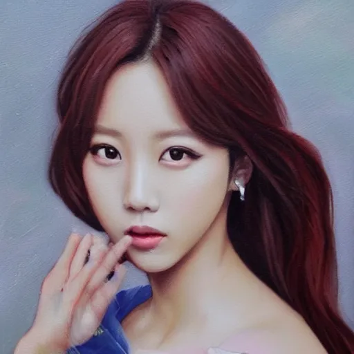 Image similar to Mina from Twice, detailed oil painting, intricate detail, trending, high fashion, realistic human