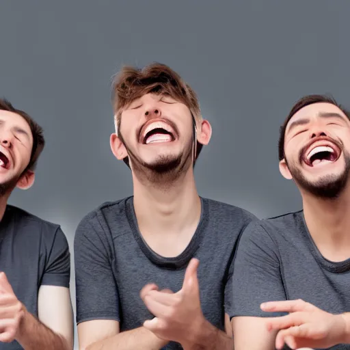 Image similar to several guys typing on keyboard while laughing very hard, mouth wide open tsticking tongues out, studio light, grey background, centered, photorealsitic