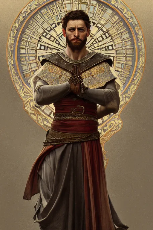 Image similar to medieval rome emperor, realistic portrait full body, symmetrical, highly detailed, digital painting, artstation, concept art, smooth, sharp focus, illustration, cinematic lighting, art by artgerm and greg rutkowski and alphonse mucha