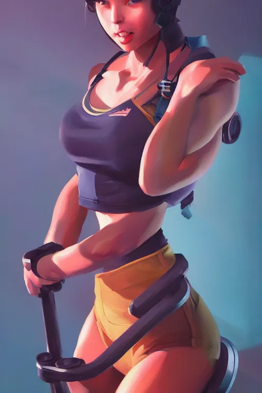 Image similar to a portrait of a cute female gym instructor, dieselpunk setting, vivid colors, soft lighting, atmospheric, cinematic, moody, in the style of artgerm and greg rutkowski, oil on canvas, 8 k