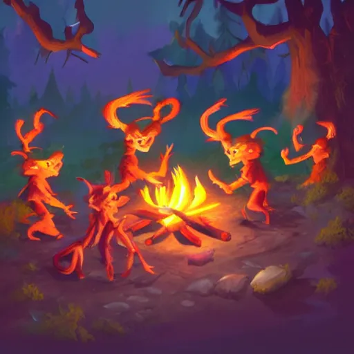 Prompt: a group of happy goblins dancing around a campfire, digital fantasy painting, artstation