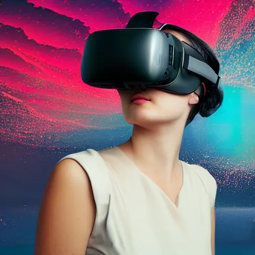 Image similar to female wearing virtual reality in a surreal environment